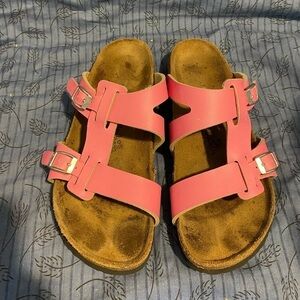Birkenstock Birkis two strap faux leather pink sandals 7